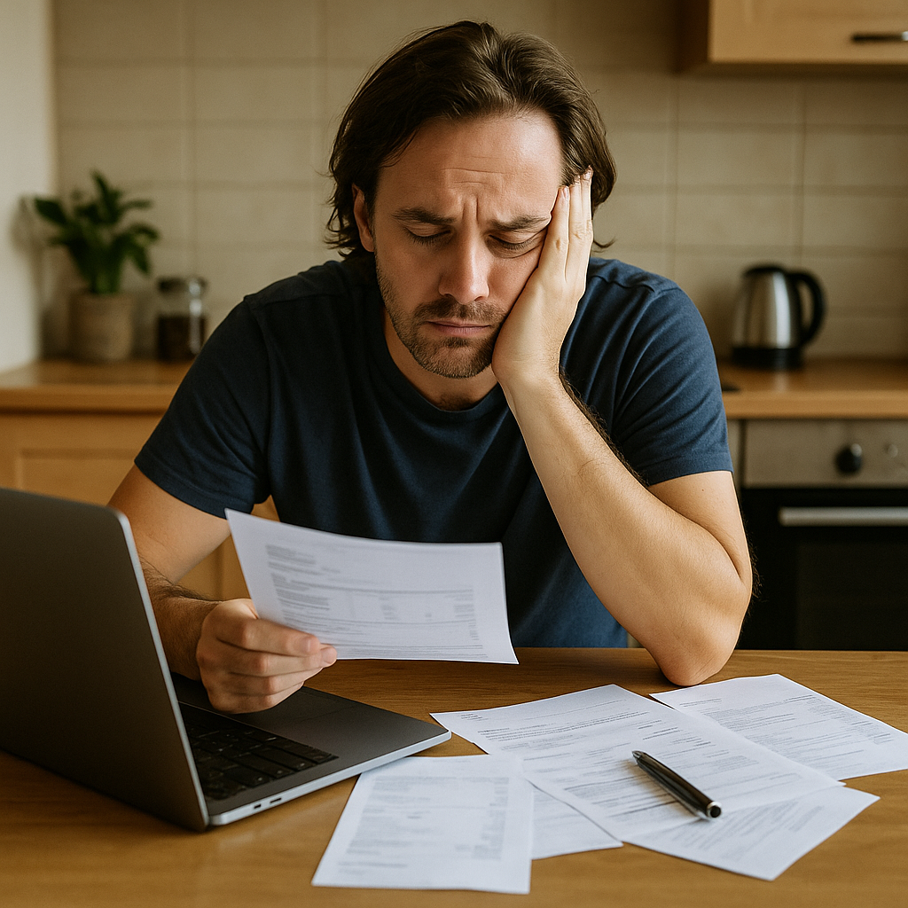 Overworked person at kitchen table with laptop and bills—showing why side hustles fail and what to do differently