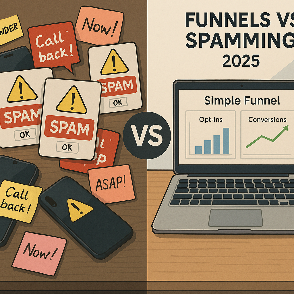 Split scene: left a chaotic desk with phones, sticky notes, and spam popups; right a clean laptop showing a simple funnel dashboard with opt-in and conversion graphs — clear funnels vs spamming comparison in 2025
