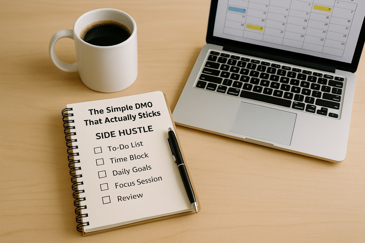 A clean desk with a notebook checklist, pen, coffee cup and laptop open to a calendar—representing a simple DMO that actually sticks for side hustles